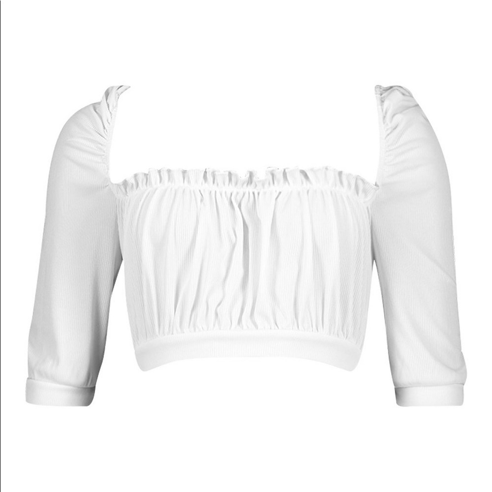 Boohoo Rib Ruffle Edge Puff Sleeve Crop Top - Picture 4 of 4